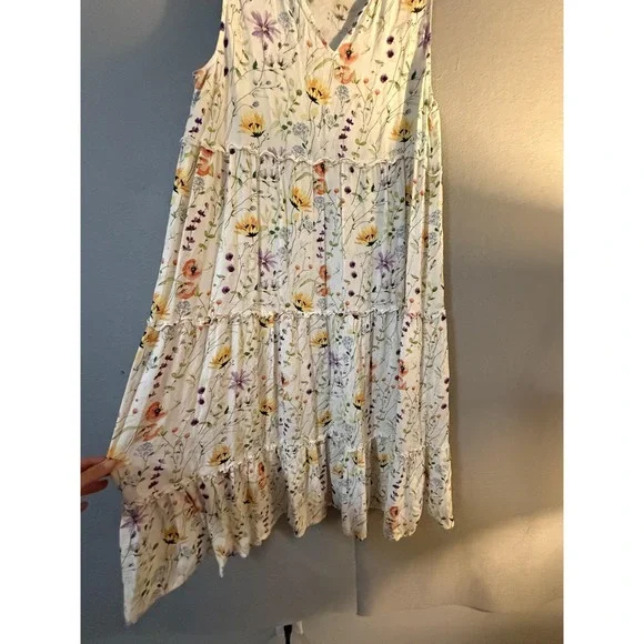Linda Anderson Dress Womens L White Floral V Neck Tiered Swing Midi Sundress - Picture 12 of 14